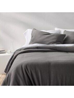 Casaluna Queen Size Heavyweight Linen Blend Comforter Dark Gray Sateen Backing